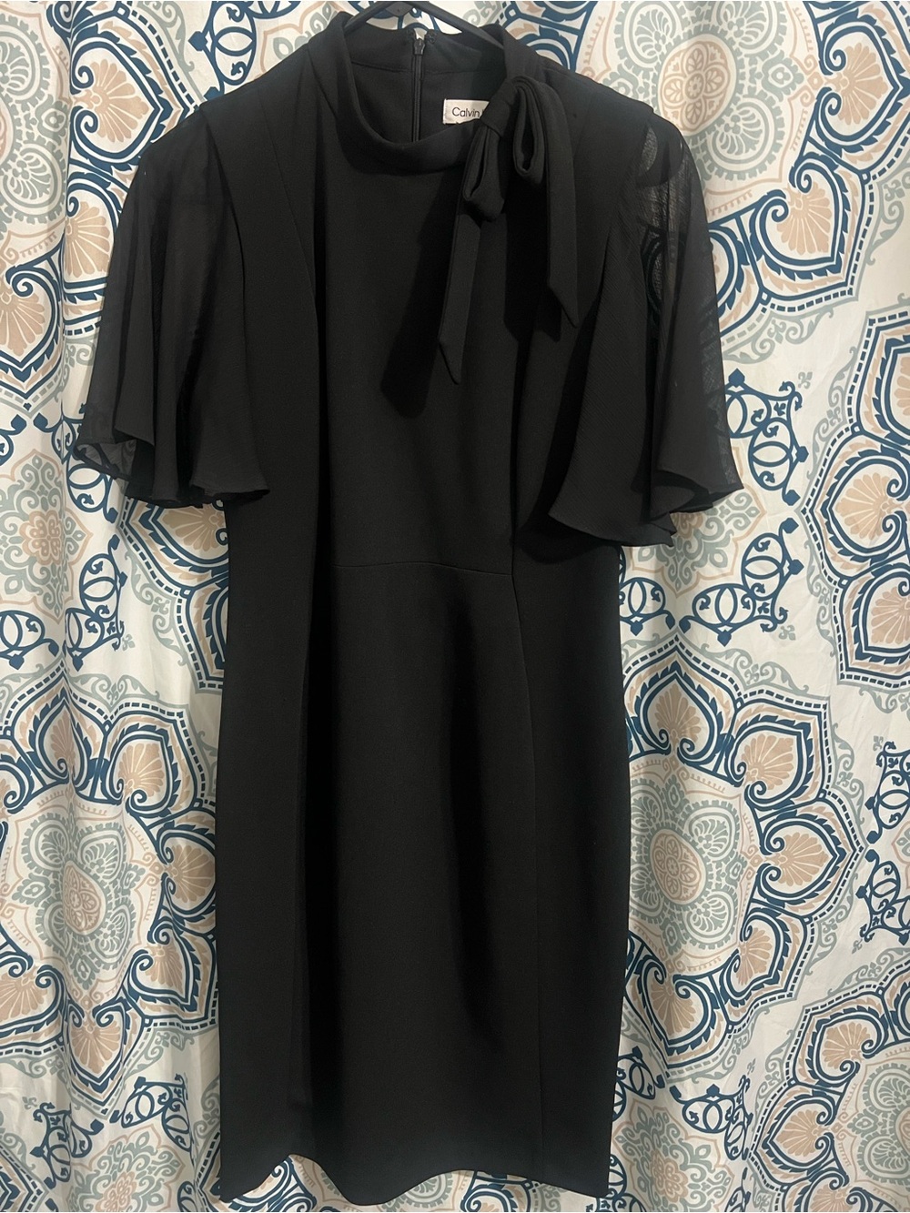 Calvin Klein Black Tie-Neck Midi Dress with Sheer Flutter Sleeves
